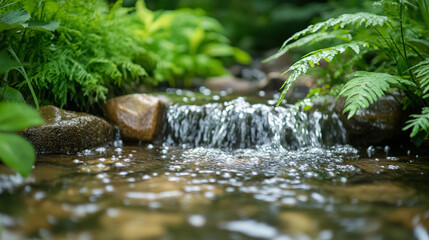 Fototapeta premium Clear stream water flowing over smooth stones surrounded by lush green ferns in a tranquil setting