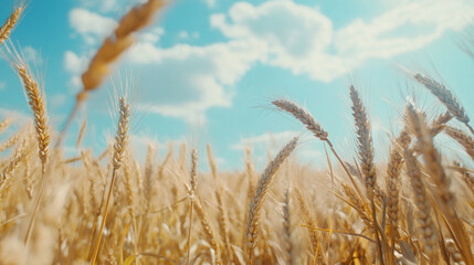 Fototapeta premium Expansive wheat field under a bright blue sky with fluffy clouds during sunny daylight