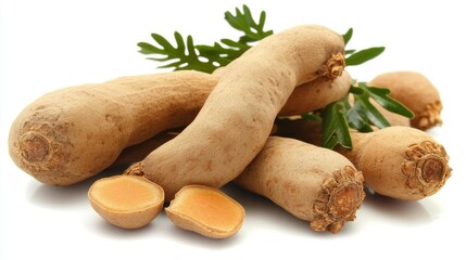 Fresh whole and sliced tamarind fruits with leaves isolated on white background.