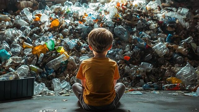 A dejected little boy sits and stares at a large amount of plastic rubbish.