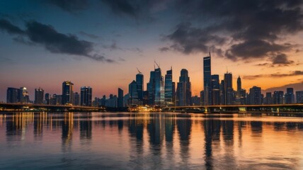 Fototapeta premium A wide-angle shot of a modern city skyline at dusk, with skyscrapers reflecting the last rays of sunlight, showcasing architectural beauty without any people