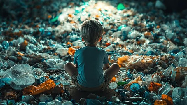 A dejected little boy sits and stares at a large amount of plastic rubbish.