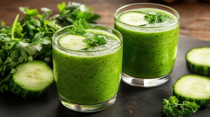 Green smoothie with cucumber and herbs in clear glasses on a wooden surface.