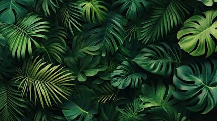 Lush green tropical leaves arranged in a seamless pattern, creating a vibrant and natural background.