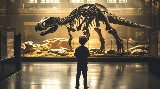 Fototapeta A kid boy stands in awe in front of a giant dinosaur skeleton at the museum. The concept focuses on curiosity, history, and the excitement of discovering the ancient past. Generative AI.