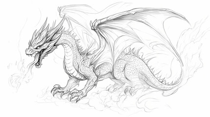 Monochrome dragon illustration for coloring - fantasy creature line art on white background. Fire-breathing Dragon. Illustration