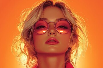 Fototapeta premium Minimalist Portrait of a Beautiful Woman in Round Pink Glasses and a Red Sports Bomber Jacket Against a Bright Orange Background