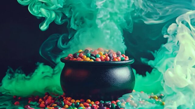 Cauldron of Enchantment: A black cauldron brimming with vibrant, colorful candies is enveloped in a mystical green and white smoke, creating an enchanting and whimsical scene for Halloween.  