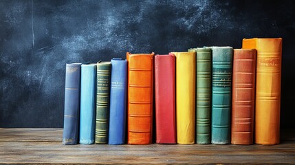 Naklejka premium A Row of Vintage Books Against a Dark Chalkboard Background