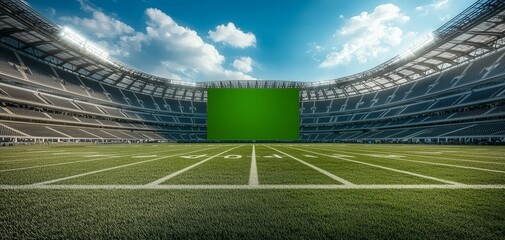 Grandeur of The Gridiron Center Field Green Screen in Vast Stadium Setting - Advertising, Film Production, Stock Photo Ready
