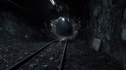 Naklejka premium Dark and Gloomy Mine Tunnel with Railroad Tracks