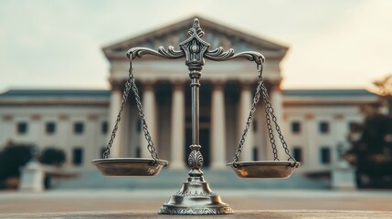Elegant Silver Scale of Justice in Front of Classical Courthouse - Legal Symbolism and Fairness Concept