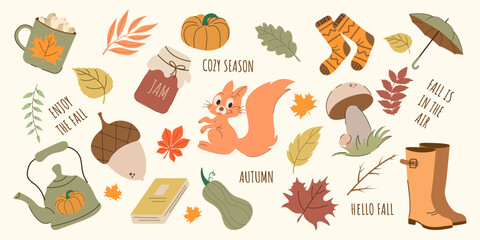 Cozy Autumn Hand Drawn Vector Elements set. Cute Fall Stickers.  Leaves, pumpkin, umbrella, hot chocolate, kettle, mushroom, squirrel, acorn, socks, coffee, jam, fall leaves, boots, book, inscription.