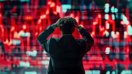 A trader reacts to falling stock prices during a market collapse in a financial district