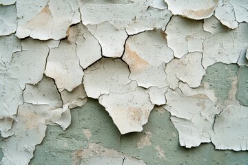 Naklejka premium Intricate Cracked White Paint Close-up on Weathered Wall, Vintage Decay Texture with Muted Green Background