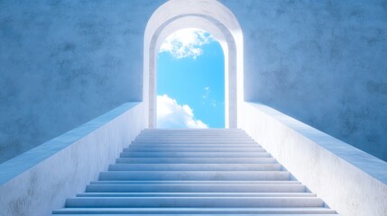 Obraz premium White staircase leading to blue sky with clouds, serene atmosphere. Architectural and abstract concept