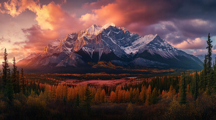 Obraz premium Majestic mountain landscape during sunset with vibrant autumn foliage in the foreground