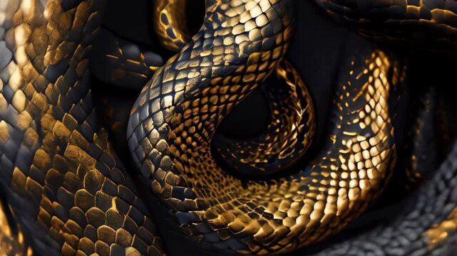 A close-up view of a majestic black and gold snake showcasing its intricate scales and patterns in natural habitat