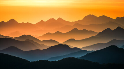 Majestic mountain silhouettes at sunset showcasing vibrant colors in a peaceful landscape