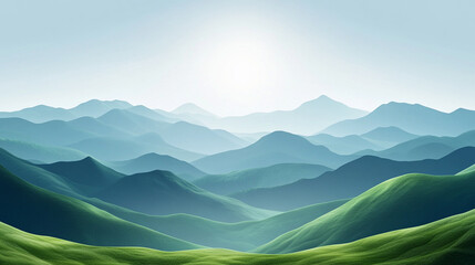 Serene morning light over rolling green hills in a tranquil mountain landscape