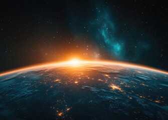 Obraz premium A stunning view of Earth from space, showcasing the sunrise over the planet with city lights twinkling below.