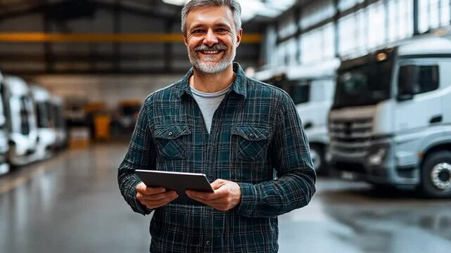 Manager of a fleet of trucks, holding a tablet with assurance.