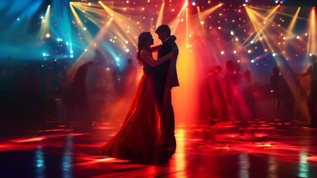 Couple dances intimately under colorful lights during a lively evening event in a grand hall