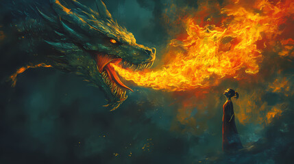 Person transforming into fire-breathing dragon with spicy food theme. Fire-breathing Dragon. Illustration