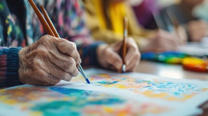 Naklejka premium Elderly woman sitting at the table drawing with a brush Hobbies, free time work Free time activities, art
