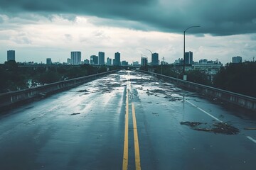 Obraz premium A desolate urban scene showcases a rain-soaked road leading to a city skyline under overcast skies, evoking a sense of abandonment and stillness.
