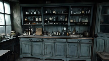 A rustic kitchen with shelves filled with various jars and bottles, creating a vintage, atmospheric ambiance.