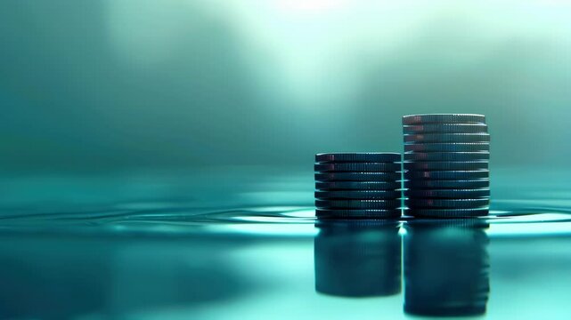 Captivating reflection of stacked coins on serene water surface in tranquil setting
