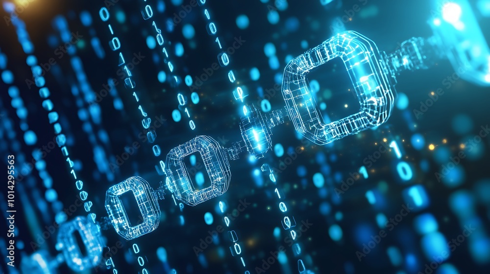 Leinwandbilder Abstract 3D illustration of a blue blockchain network with binary code flowing in the background.