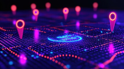 Obraz premium Digital Map with Neon Location Markers for Business SEO
