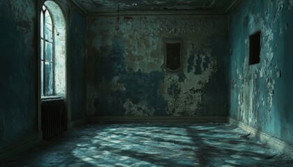 Obraz premium A room in an abandoned building with peeling paint and light streaming through the window.