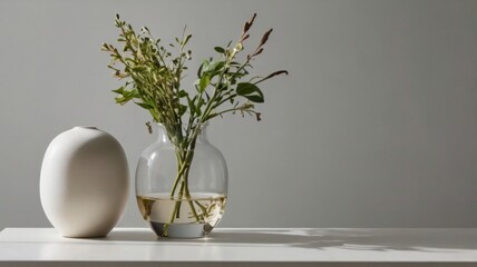 A minimalistic scene with a single, clean-lined vase on a white table, surrounded by empty space, emphasizing simplicity and elegance.