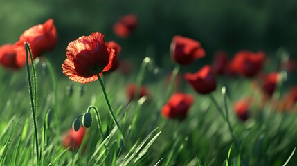 Fototapeta premium Red Poppy Flowers in a Green Meadow
