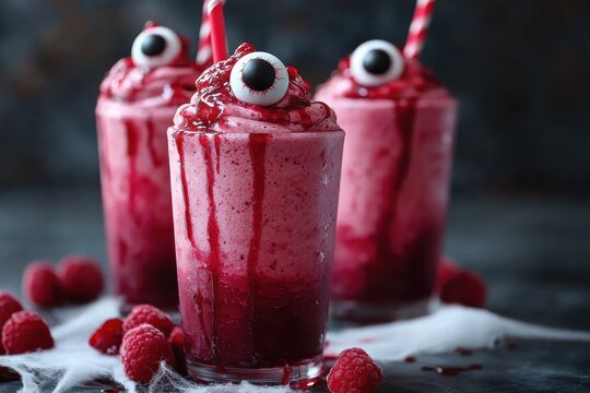Spooky raspberry smoothie with playful eyeball toppings, perfect for Halloween parties and themed gatherings