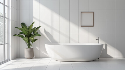 Fototapeta premium Interior of luxury bathroom with white tile walls, concrete floor, comfortable bathtub, minimalist bathroom