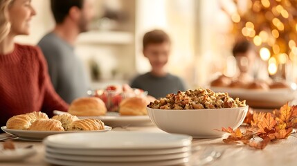Fototapeta premium Thanksgiving Feast Delight - Crisp Apples Hearty Stuffing and Golden Leaves Create an Inviting Table with Handmade Pies and Fresh-Baked Rolls for a Cozy Celebration