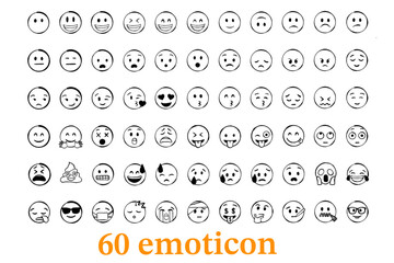 A set of 60 emoticons featuring various facial expressions, from happy, sad, angry, to playful, capturing a wide range of human emotions.