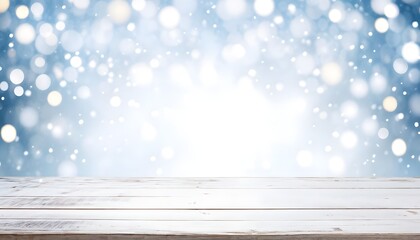 Empty Wooden table with bokeh background of snowy winter season. Generative ai