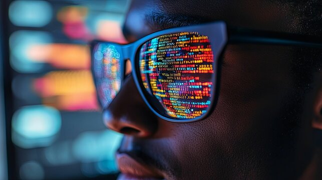 Close-up of a Person's Face with Code Reflected in Sunglasses