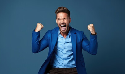 Ecstatic man in a blue suit celebrates triumphantly against a blue backdrop, fists clenched and joy exuding from his triumphant expression.