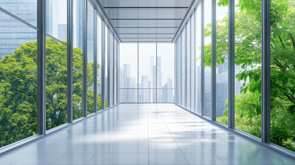modern walkway skybridge in the city during morning time with greenery environment