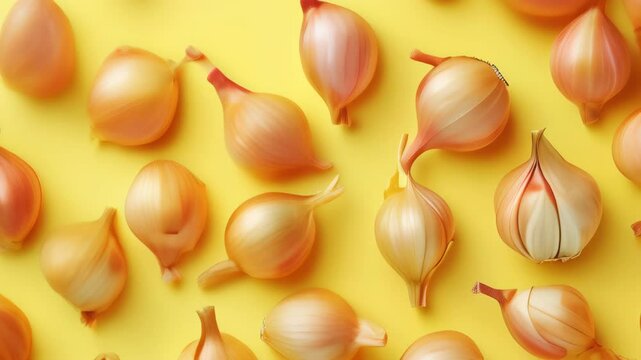 Discover the vibrant colors and textures of fresh shallots on a bright yellow background in a detailed display