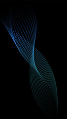 Abstract wavy dynamic blue green violet light lines curve banner on black background in concept technology, neural network, neurology, science, music, neon light