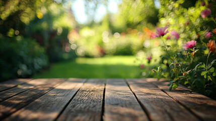 Tranquil garden view with blooming flowers in the sunlight during a warm afternoon