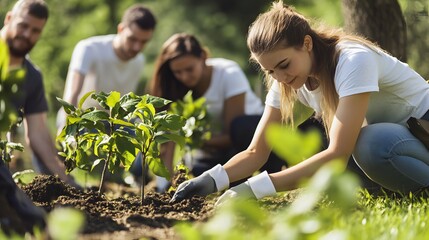 Woman planting a tree with gloves while other volunteers are in the background