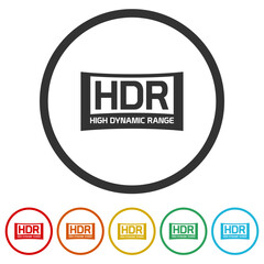 High Dynamic Range Imaging HDR icon. Set icons in color circle buttons